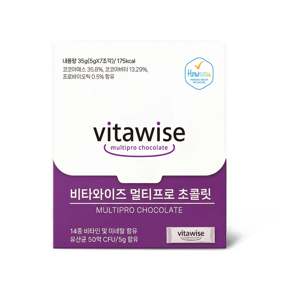 당류 0%, 유산균 50억과 식이섬유가 함유된 비타와이즈 멀티프로초콜릿 7개입