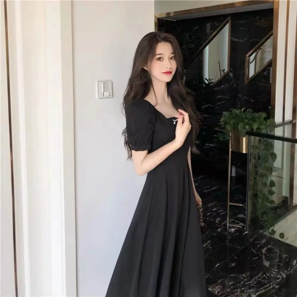 스퀘어넥 퍼프 반팔 롱원피스